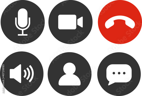 Set of Video call icons. Video conference. Collections buttons of on-line video chat app, internet talk, call technology. Web app ui display template. Videoconferencing and online meeting workspace