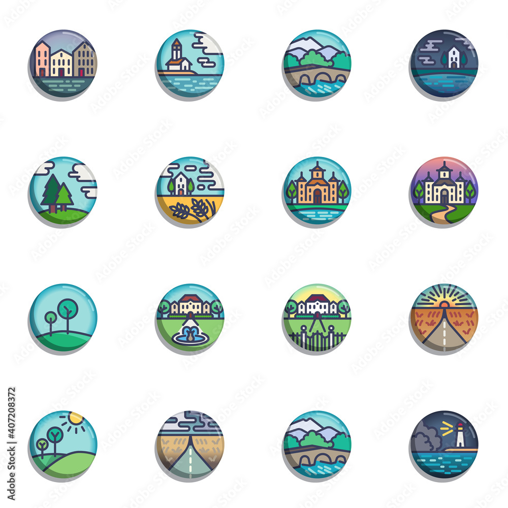Landscape collection, flat icons set, Colorful symbols pack contains - city landscape, nature forest, sunset, country house, house residence.Vector illustration. Flat style design Landscape collection, flat icons set, Colorful symbols pack contains - city landscape, nature forest, sunset, country house, house residence.Vector illustration. Flat style design