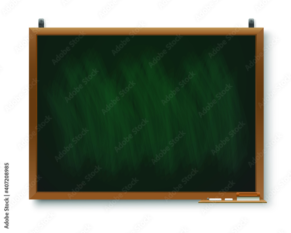 Vector illustration of green and black square chalkboard with wooden frame with piece of chalk and shadow isolated on white background. Vector illustration of green and black square chalkboard with wooden frame with piece of chalk and shadow isolated on white background.