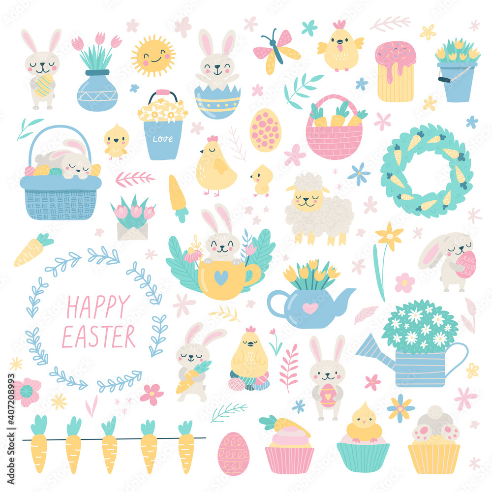Fototapeta premium Set of cute Easter cartoon characters and design elements. Bunny, chickens, eggs and flowers. Vector illustration