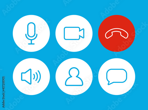 Set of Video call icons. Video conference. Collections buttons of on-line video chat app, internet talk, call technology. Web app ui display template. Videoconferencing and online meeting workspace