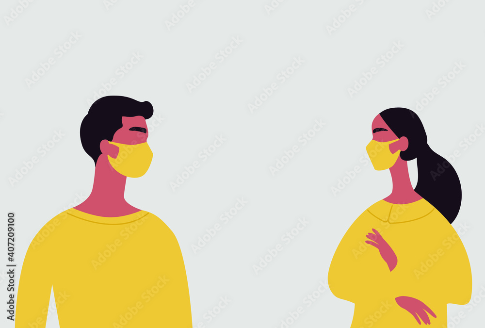 Fototapeta premium A man and a woman in medical masks keep their distance. Illustration of recommendations for personal safety during the epidemic.