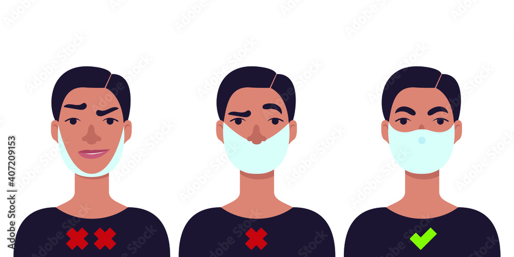 Illustration about a man with the correct and wrong position of a medical mask on his face Illustration about a man with the correct and wrong position of a medical mask on his face