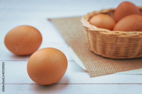 Eggs in the wicker basket o...