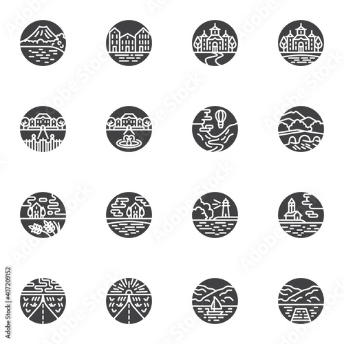 Landscape vector icons set, modern solid symbol collection, filled style pictogram pack. Signs, logo illustration. Set includes icons as city landscape, nature forest, sunset, country house residence