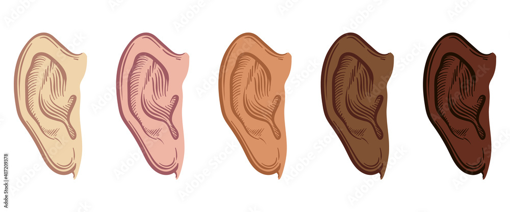 Set of Hand Drawn Ear Sketch Symbol with different skin color. Vector Listen Element In doodle Style isoleted on white.
