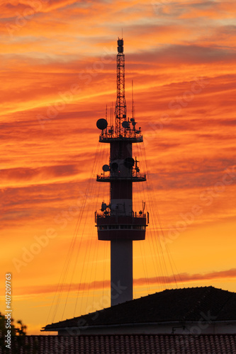 Telecommunications tower silhouette in Abrantes Portugal