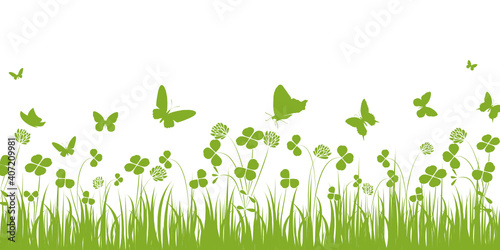 blumen, wiese, floral, grün, silhouette, schmetterling, klee, kleeblatt, kleeblätter, frühjahr, frühling, frühlingswiese, sommerwiese, ostern, oster, ostermotiv, muster, fest, ostergruß, banner