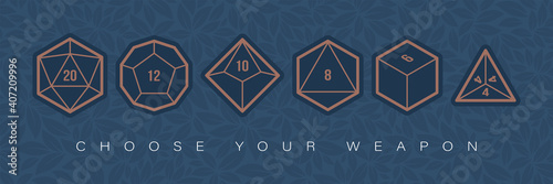 Vector line dice set. 20, 12, 10, 8, 6 and 4 sided. Board games.