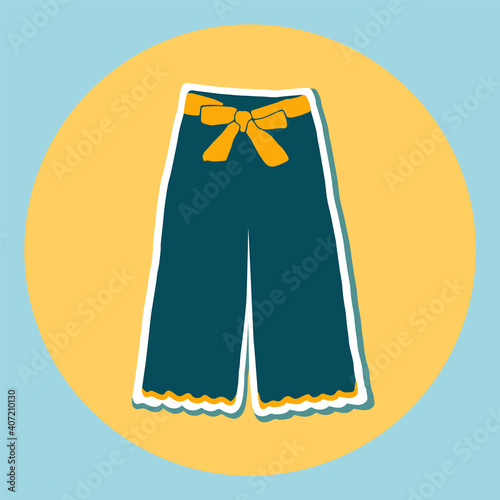 Multicolored icons for social networks. Summer clothes. Trousers harem pants. Blue pants hand drawn on a yellow circle.