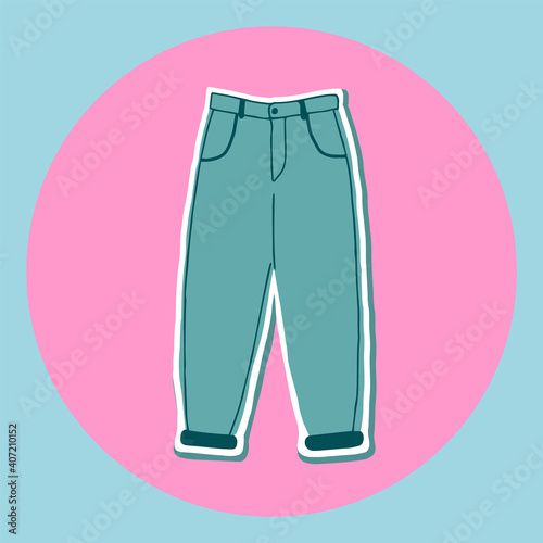 Multicolored icons for social networks. Summer clothes. Pants for all seasons. Blue jeans hand-drawn on a pink circle.