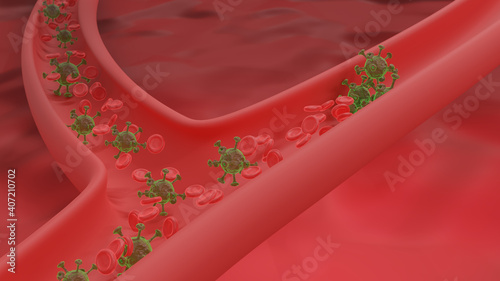 3d rendering illustration. Pandemic medical health risk concept with disease cell. Viral infection of Coronavirus or COVID-19 in the blood vessel. 