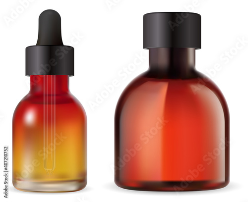 Cosmetic oil bottle. Essential oil bottles with dropper isolated. Brown serum vial with pipette, medical apothecary packaging. Amber flask for aroma essence beauty product. Jar mockup