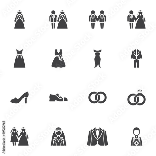 Wedding and marriage vector icons set, modern solid symbol collection, filled style pictogram pack. Signs, logo illustration. Set includes icons as tuxedo suit, bride and groom, bridal dress, ring