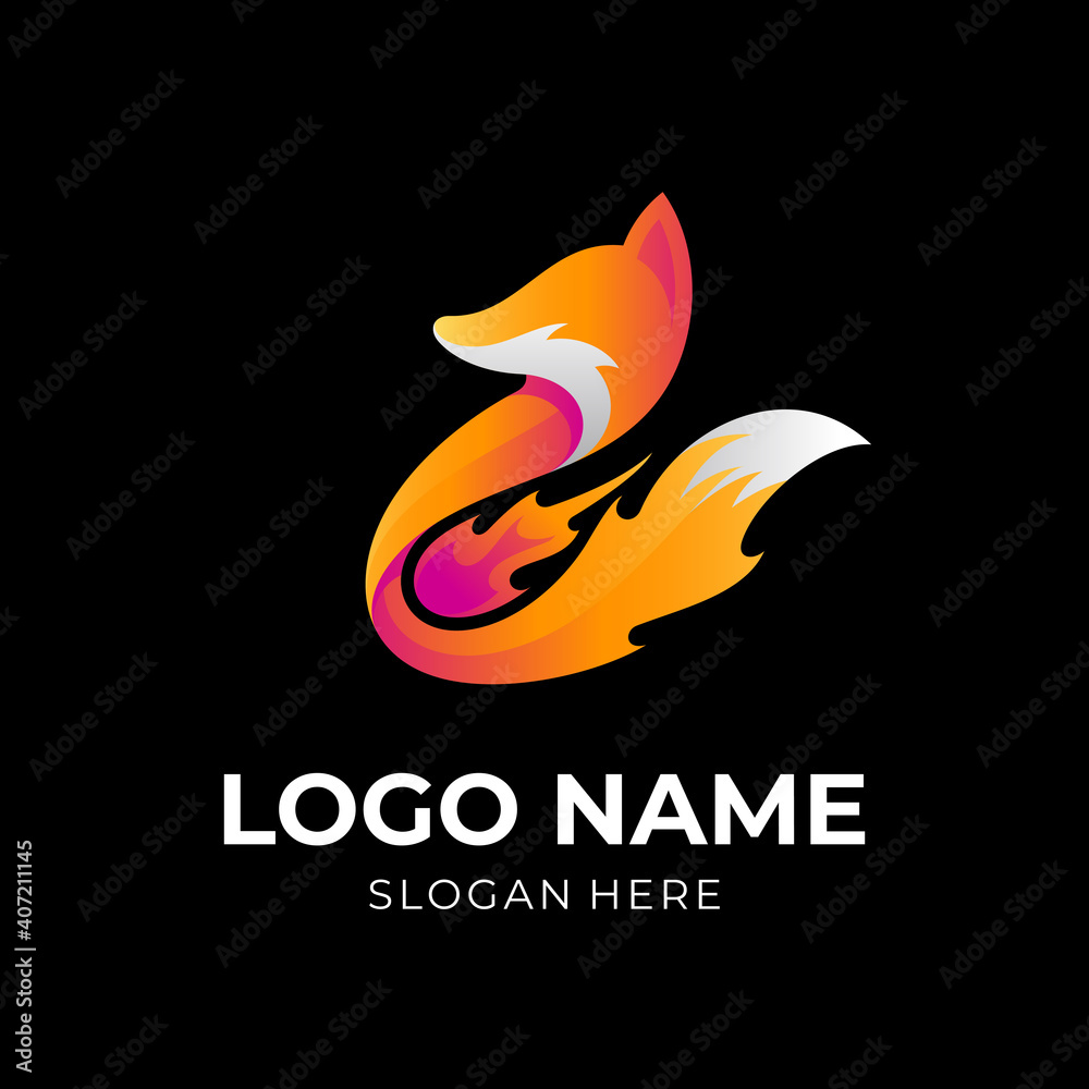 fox fire logo, fox and fire, combination logo with 3d red and orange