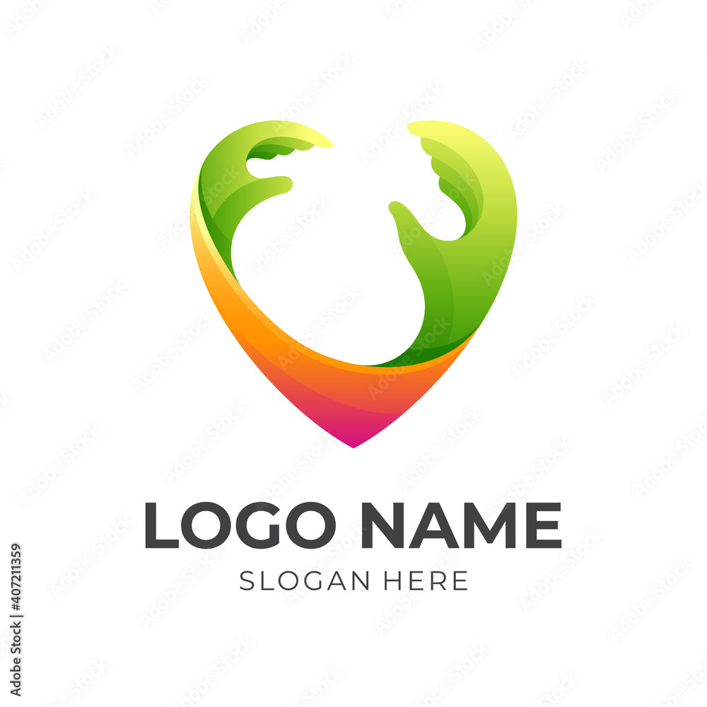 Fototapeta premium love care logo, love and hand, combination logo with 3d green and orange color style