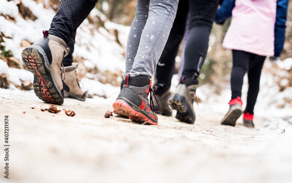 Obraz premium Children hiking in snow mountains forest on family trip.