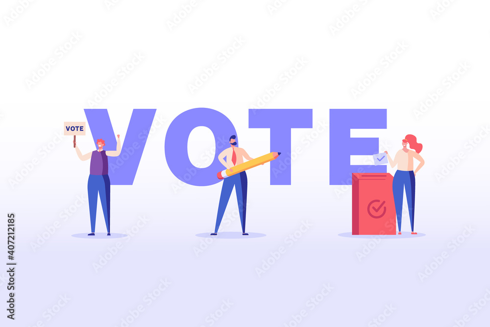 Election Campaign. People Voting with Vote Box and Calling for Vote. Concept of Election Day, Making Choice, Balloting Paper, Democracy. Vector illustration for Web Design and Background Election Campaign. People Voting with Vote Box and Calling for Vote. Concept of Election Day, Making Choice, Balloting Paper, Democracy. Vector illustration for Web Design and Background
