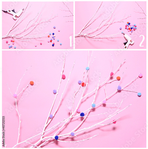 Step by step instruction. Making of a white tree with colored pompons for Valentine's day or Easter. DIY concept. Decoration home. 