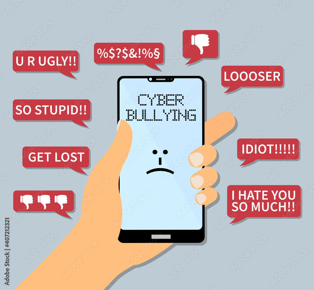 cyber bullying concept, hand holding smartphone with insulting text messages vector illustration cyber bullying concept, hand holding smartphone with insulting text messages vector illustration