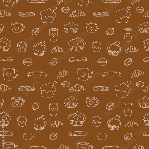 Seamless pattern of French buns and cakes  vector illustration  hand drawing  brown