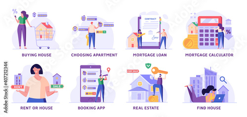Man Buying House with Key, People Renting Apartment with Online Service, Woman Calculating Mortgage Rates. Concept of Mortgage Loan, Real Estate, Home for Sale. Vector illustration set
