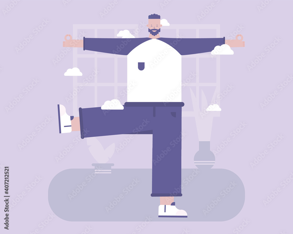 Yoga. A man stands in pose and holds his balance. Vector illustration for telework, remote working and freelancing, business, start up, social media and blog