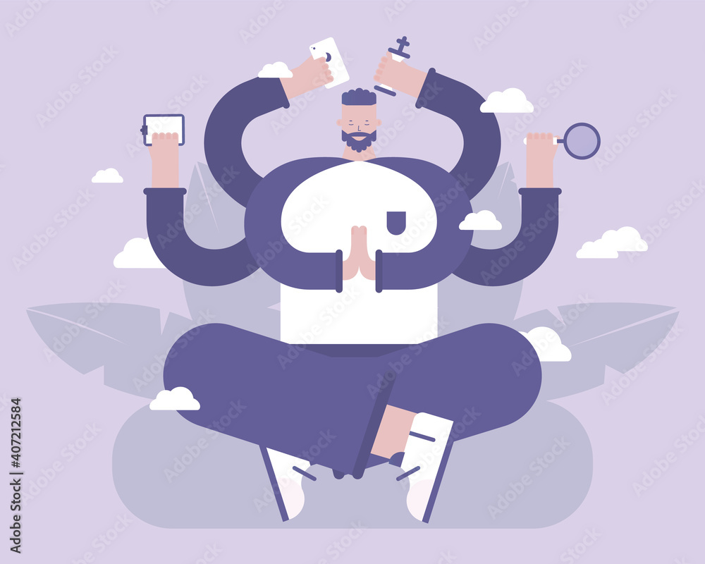 Obraz premium A man meditate and thinking about work. Multitasking and concentration. Vector illustration for telework, remote working and freelancing, business, start up, social media and blog