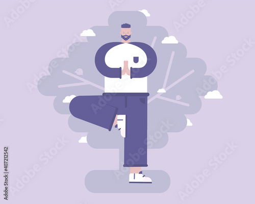 Yoga. A man stands in tree pose and holds his balance. Vector illustration for telework, remote working and freelancing, business, start up, social media and blog
