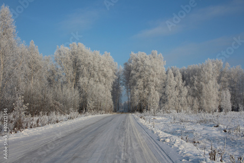 winter road in the forest for driving in the snowdrifts of Siberia