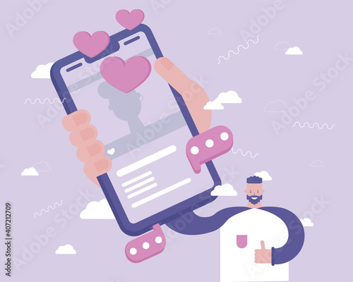 Man attracts likes to new social media post. Vector illustration with  for telework, remote working and freelancing concept, business, start up