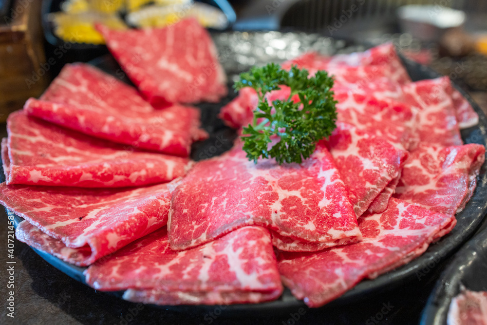 Raw Beef Meat Slices Sukiyaki Japanese food shabu shabu