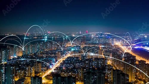 smart Connected city skyline. Futuristic network concept, city Technology. photo