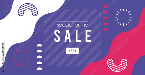 store online sale lettering in purple and pink memphis background