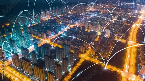 smart Connected city skyline. Futuristic network concept, city Technology.