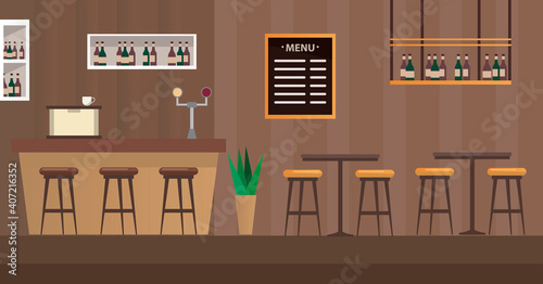 tables and chairs with bar restaurant scene
