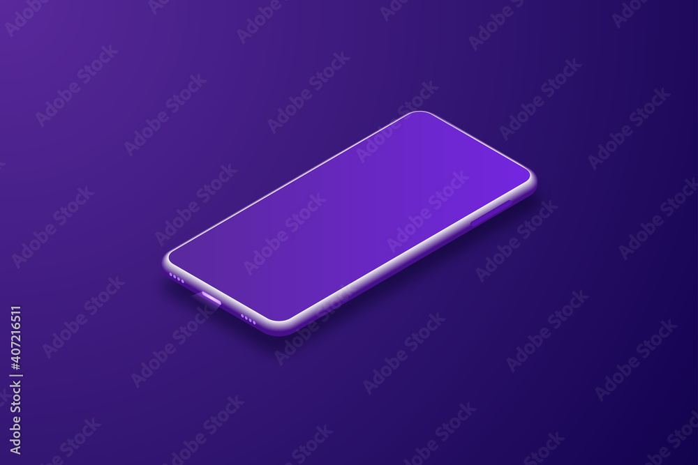 Imaginary smartphone. Vector 3d cell phone in perspective. Digital layout with trendy purple gradient. pattern against bluish purple background. Imaginary smartphone. Vector 3d cell phone in perspective. Digital layout with trendy purple gradient. pattern against bluish purple background.
