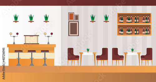 elegant tables and chairs with bar in restaurant scene
