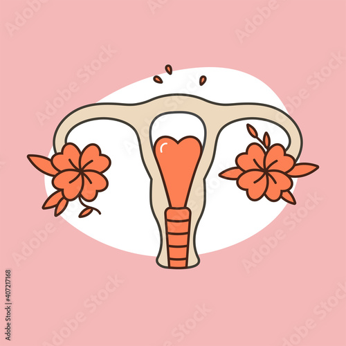 Vector illustration female reproductive system in flowers. Woman gynecology anatomy health.