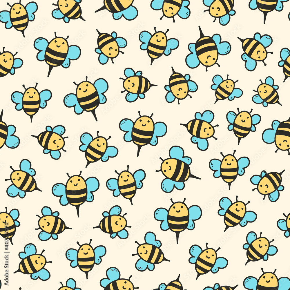 cute seamless pattern with hand drawn bees in doodle style for wrapping paper, scrapbooking, stationary, textile prints, etc.