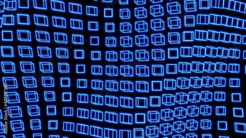 Abstract 3D animation geometric graphic background, blue wireframe cubes technology neon glowing on black , interesting Looped Seamless 3D Animation.
