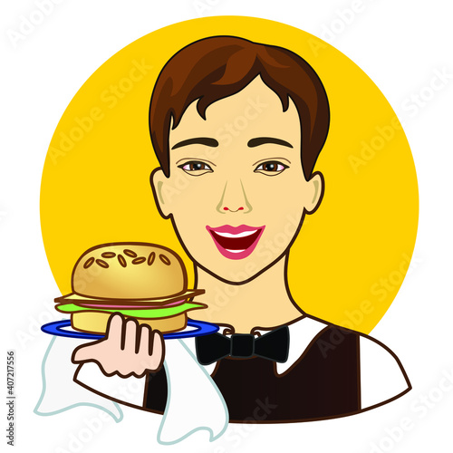 emoji with a waiter carrying a plate of hamburger, a man dressed in a classic waiter suit carries an order to a customer, simple hand-drawn emoticon