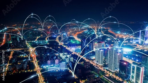smart Connected city skyline. Futuristic network concept, city Technology.