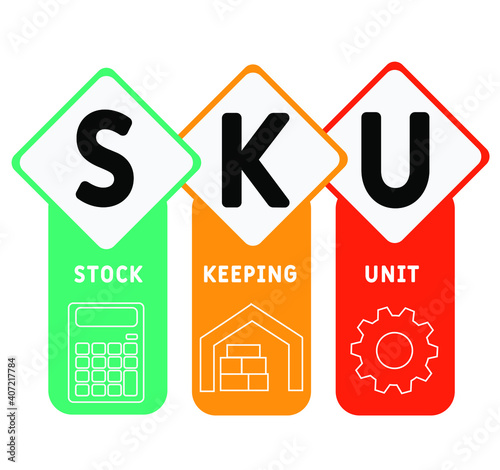 SKU - Stock Keeping Unit acronym. business concept background.  vector illustration concept with keywords and icons. lettering illustration with icons for web banner, flyer, landing page