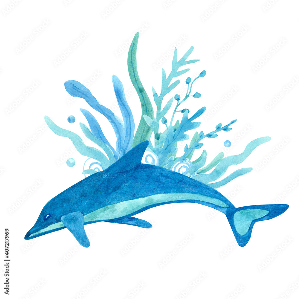 Fototapeta premium Watercolor composition with a dolphin and seaweed on white background. Blue and turquoise colors. Sea animal hand painted illustration. Great for posters, mug decoration, scrapbooking and so on.