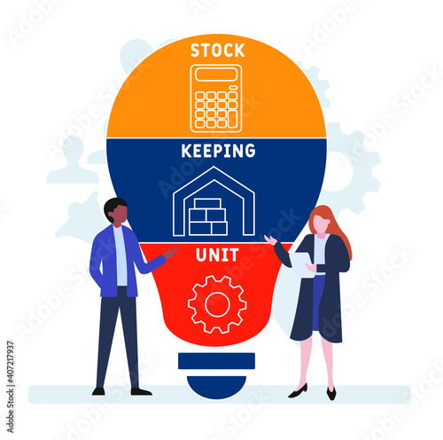 Flat design with people. SKU - Stock Keeping Unit  acronym, business concept background.   Vector illustration for website banner, marketing materials, business presentation, online advertising.