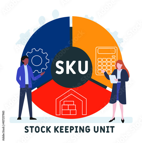Flat design with people. SKU - Stock Keeping Unit  acronym, business concept background.   Vector illustration for website banner, marketing materials, business presentation, online advertising.