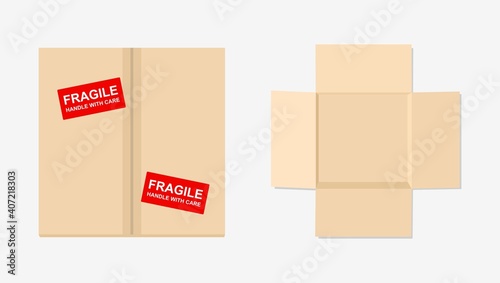Brown cardboard shipping boxes - empty and sealed packing cartons with red stickers that say Fragile, Handle With Care. Top view of shipping boxes - vector illustration.