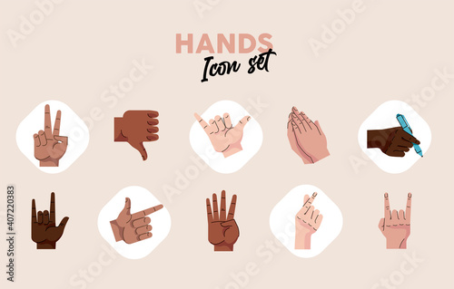 bundle of hands humans symbols gestures icons and lettering