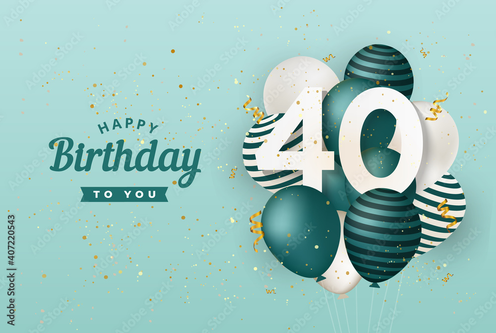 Happy 40th birthday with green balloons greeting card background. 40 years anniversary. 40th celebrating with confetti. Vector stock Векторный объект Stock